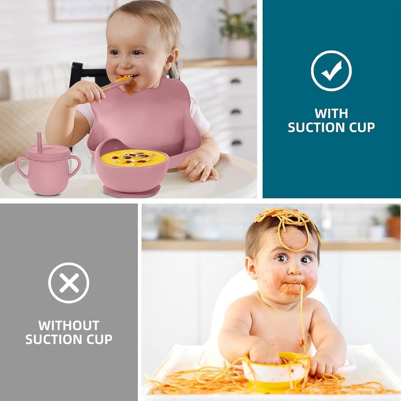 Dormlony 100% Silicone Baby Feeding Set,BPA Free Baby Dishes Set with Suction Bowl Divided Plate,Toddler Self Feeding Dish Set with Spoons Forks Sippy Cup and Bib, Baby Eating Utensils (Coral) - Image 5